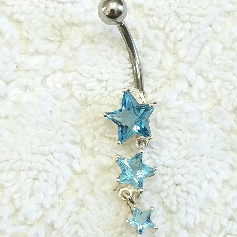 925 SS Stamped Aqua Blue Star Dangle CZ Navel Ring